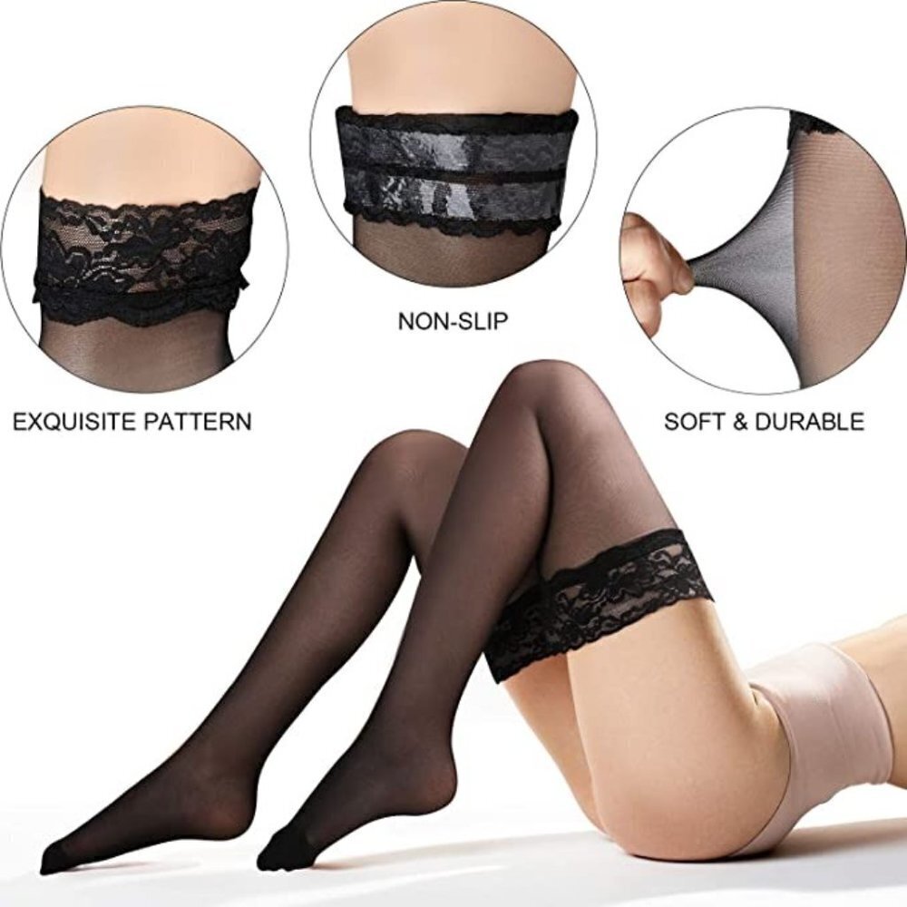 𝅺SILK Thigh High Stockings Women Lace Silicone Socks Satin Bow Top Sexy NWT - Picture 4 of 7